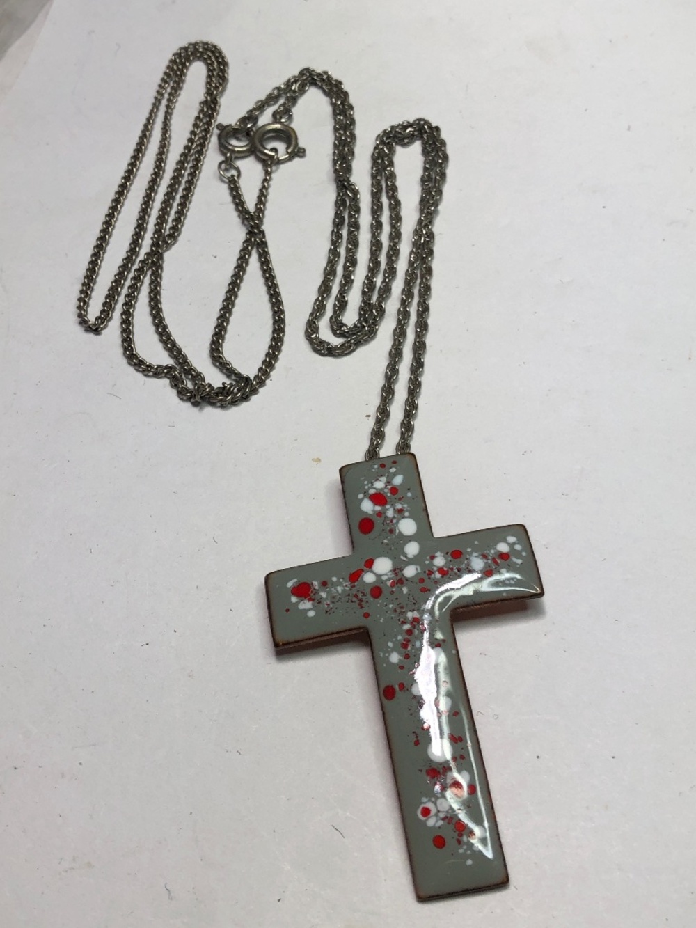 VTG enamel copper cross necklace 2 silver tone chains